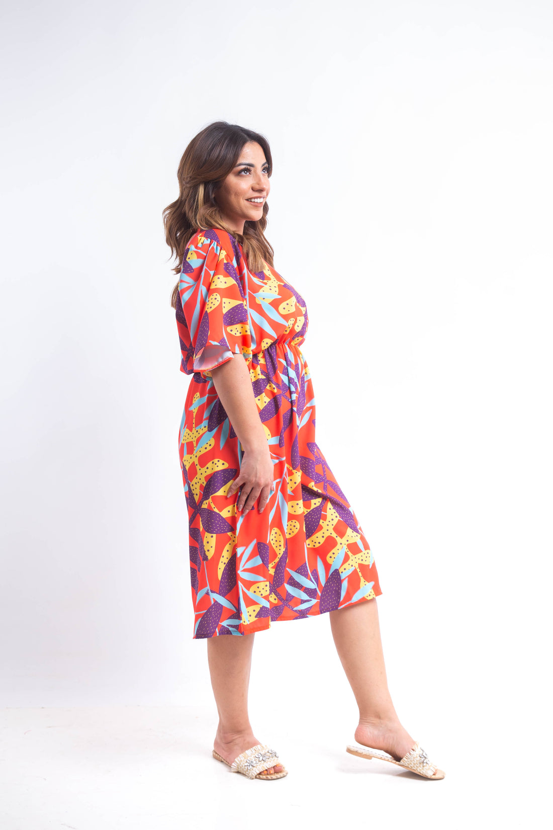 The leaves Dress with Elastic belt- Orange