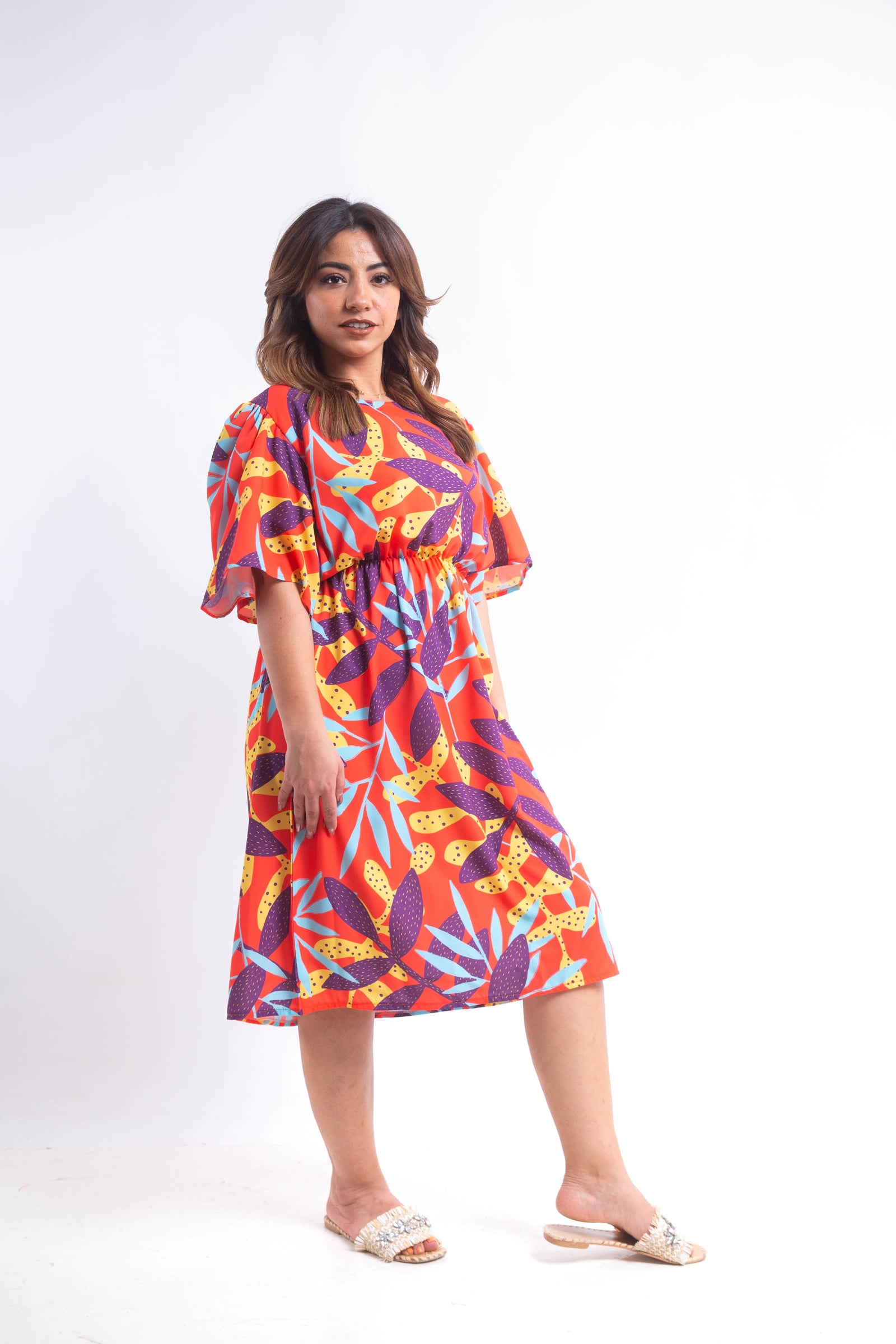 The leaves Dress with Elastic belt- Orange