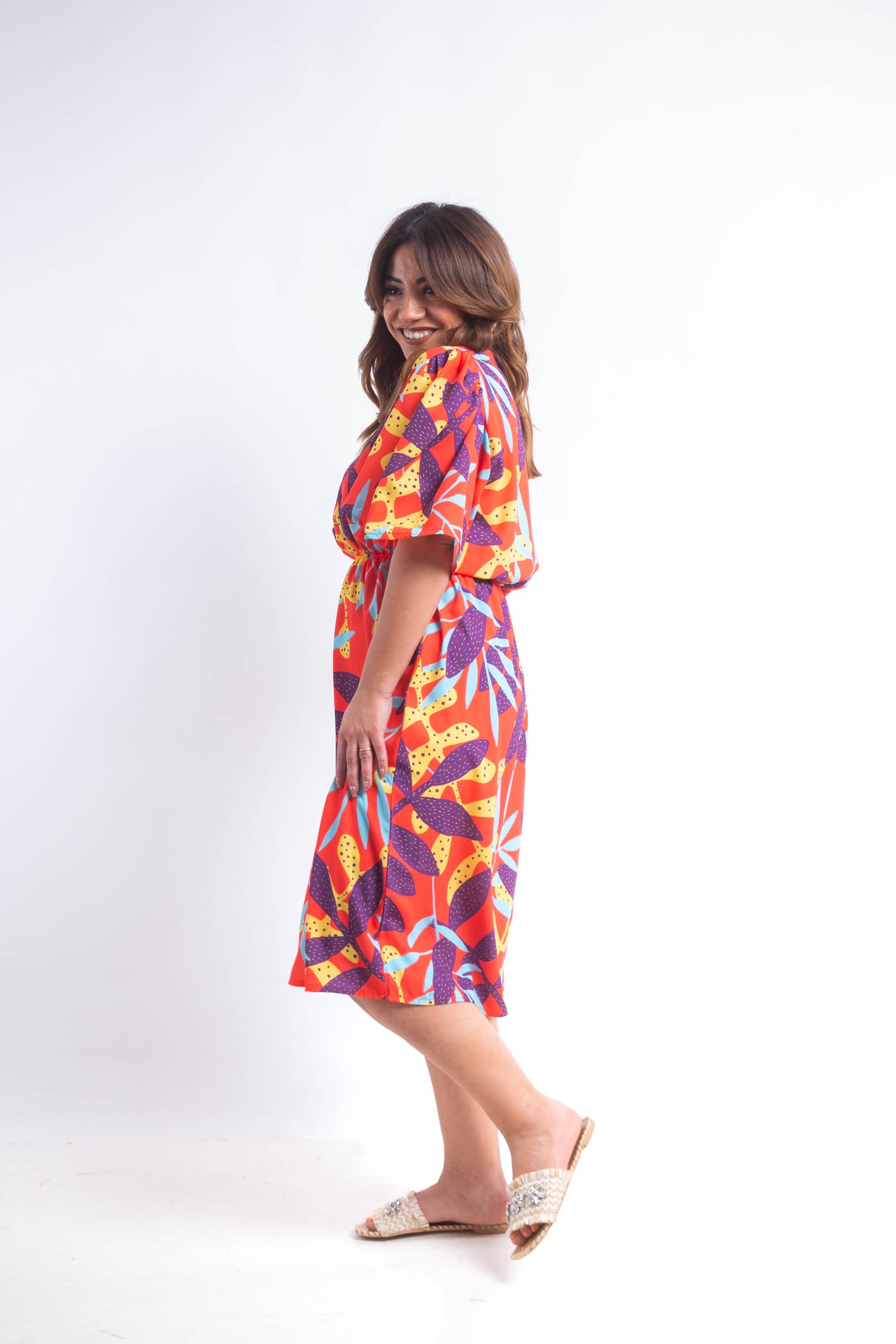 The leaves Dress with Elastic belt- Orange