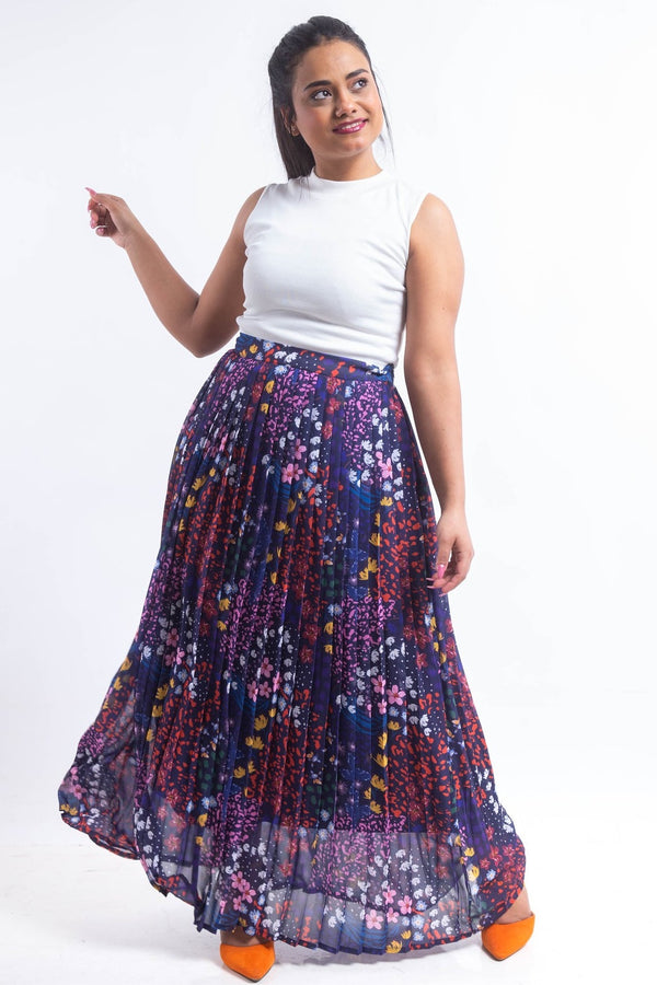 The blossoms chiffon pleated Skirt - Navy