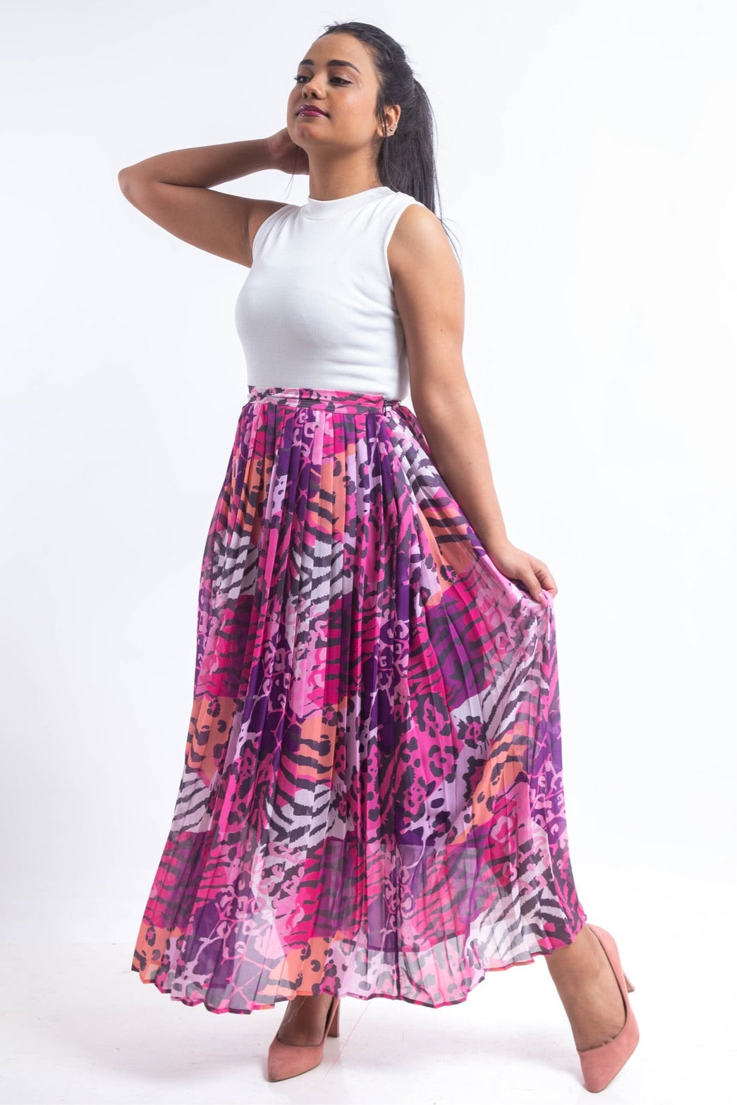Animal print chiffon pleated Skirt - Pink