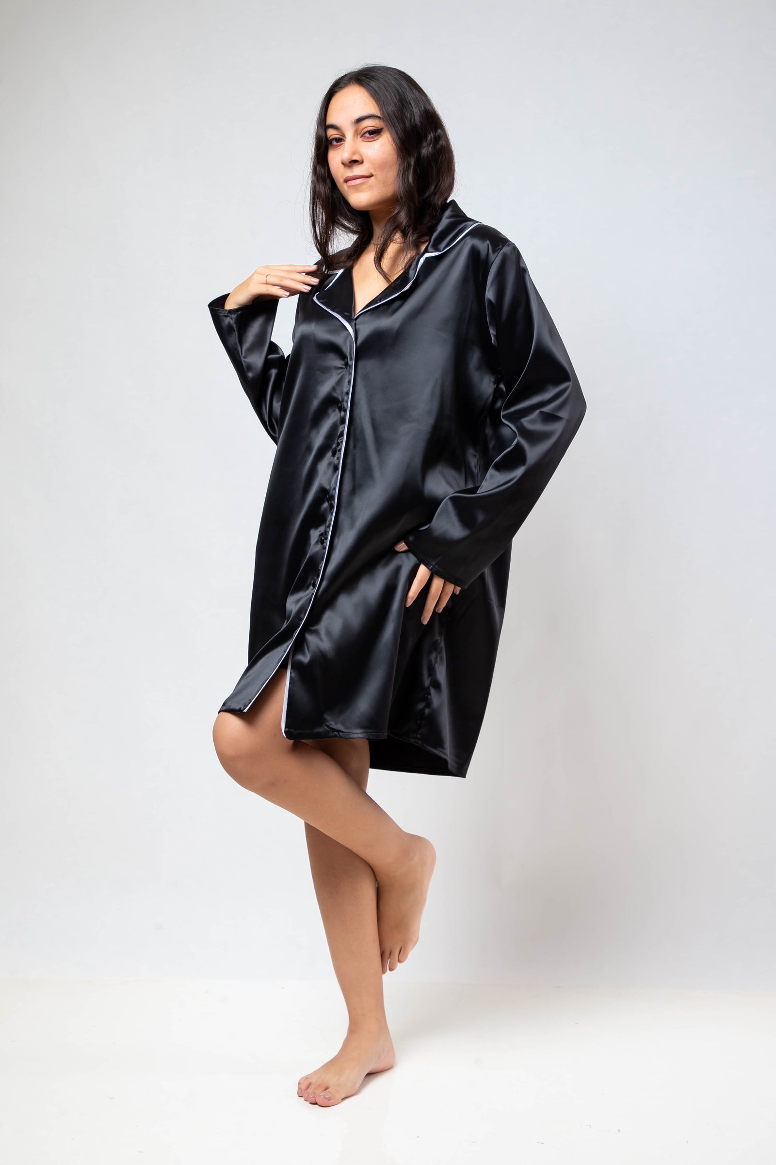 The Night Shirt Dress Satin - Black
