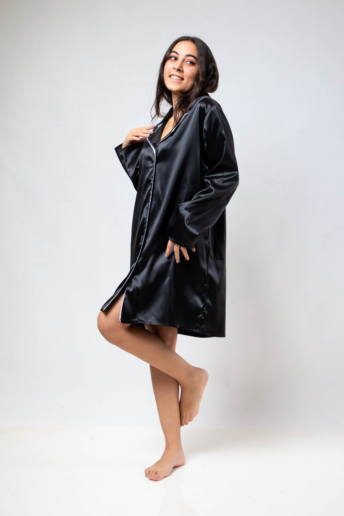 The Night Shirt Dress Satin - Black