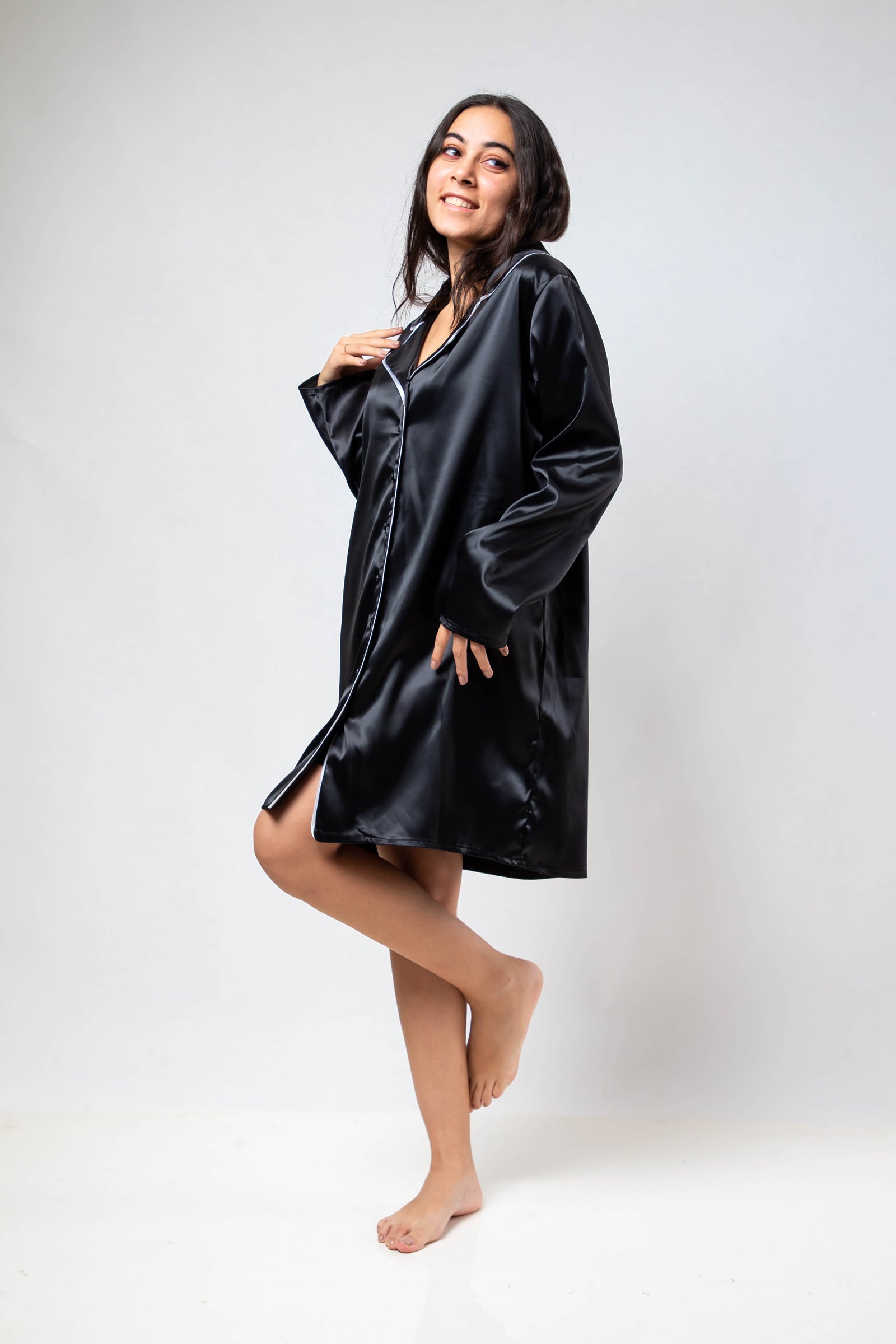The Night Shirt Dress Satin - Black
