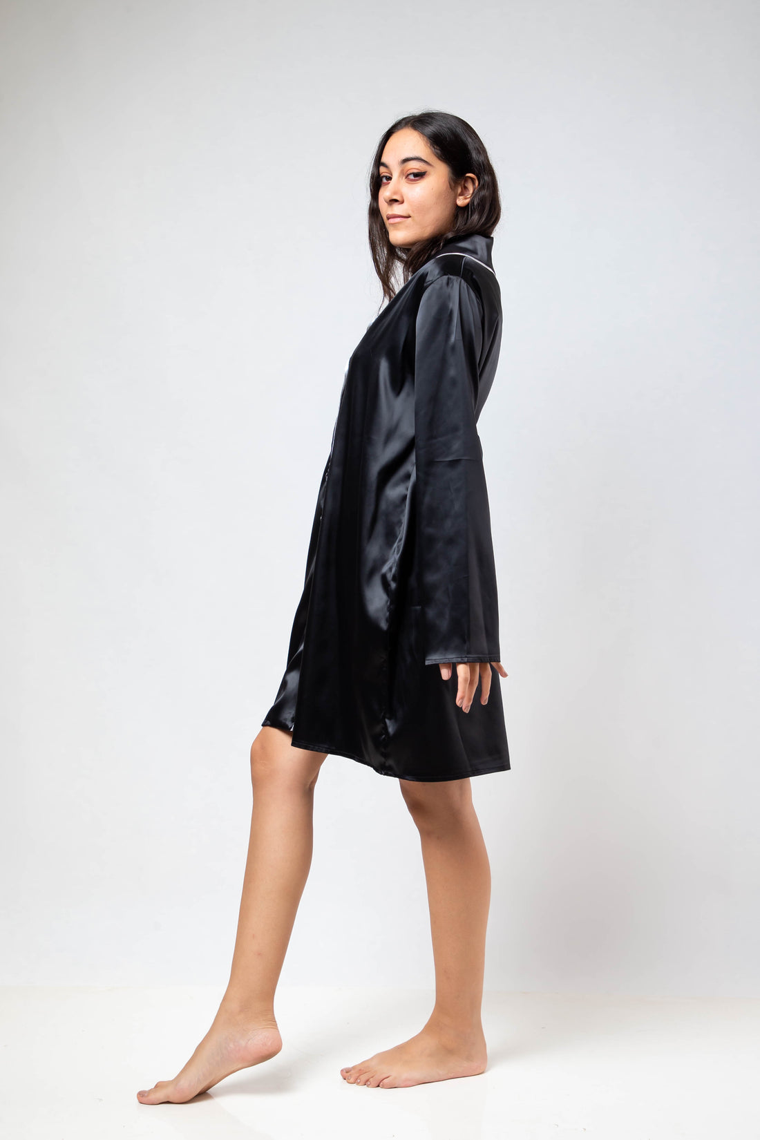 The Night Shirt Dress Satin - Black