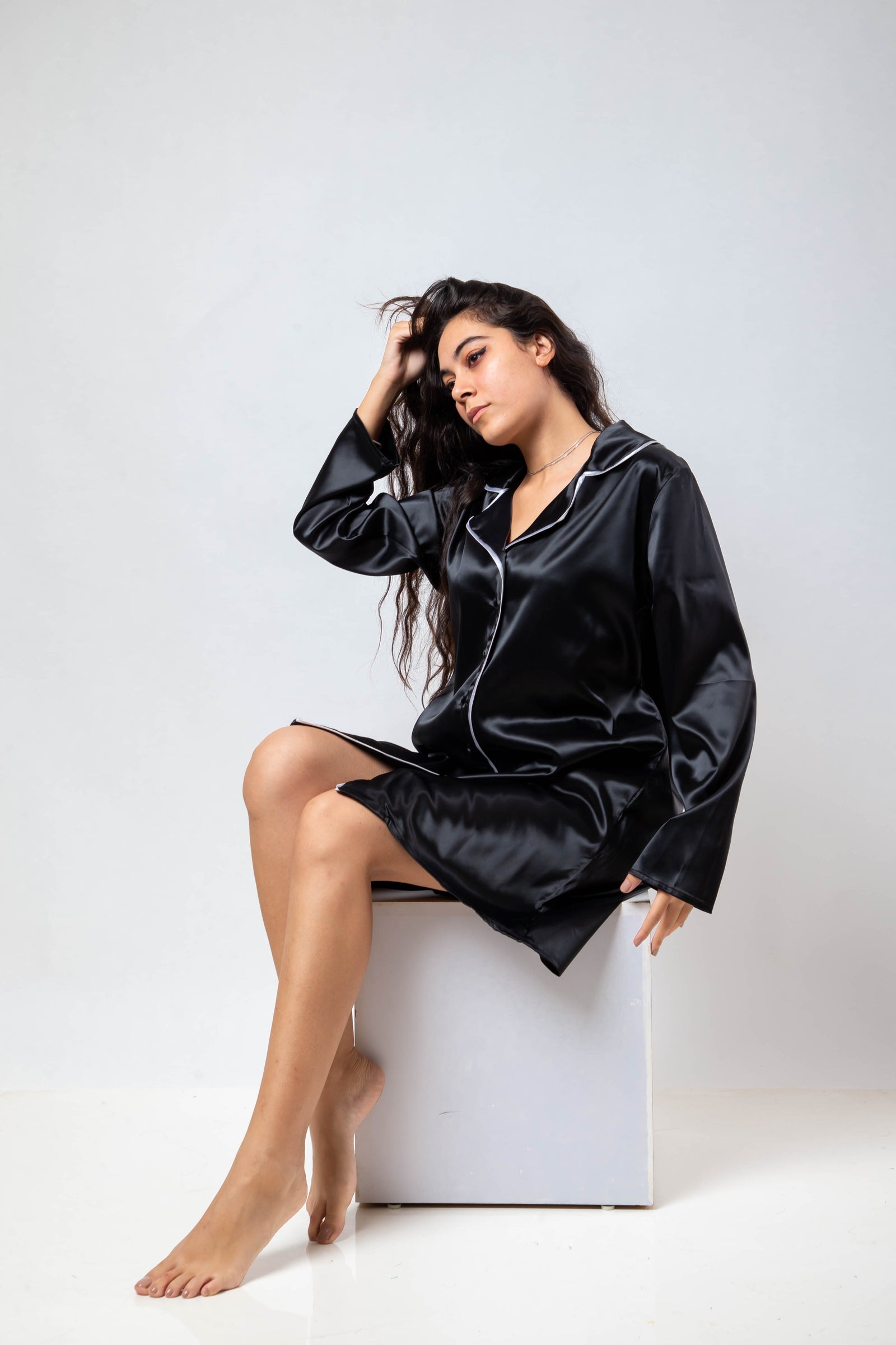 The Night Shirt Dress Satin - Black