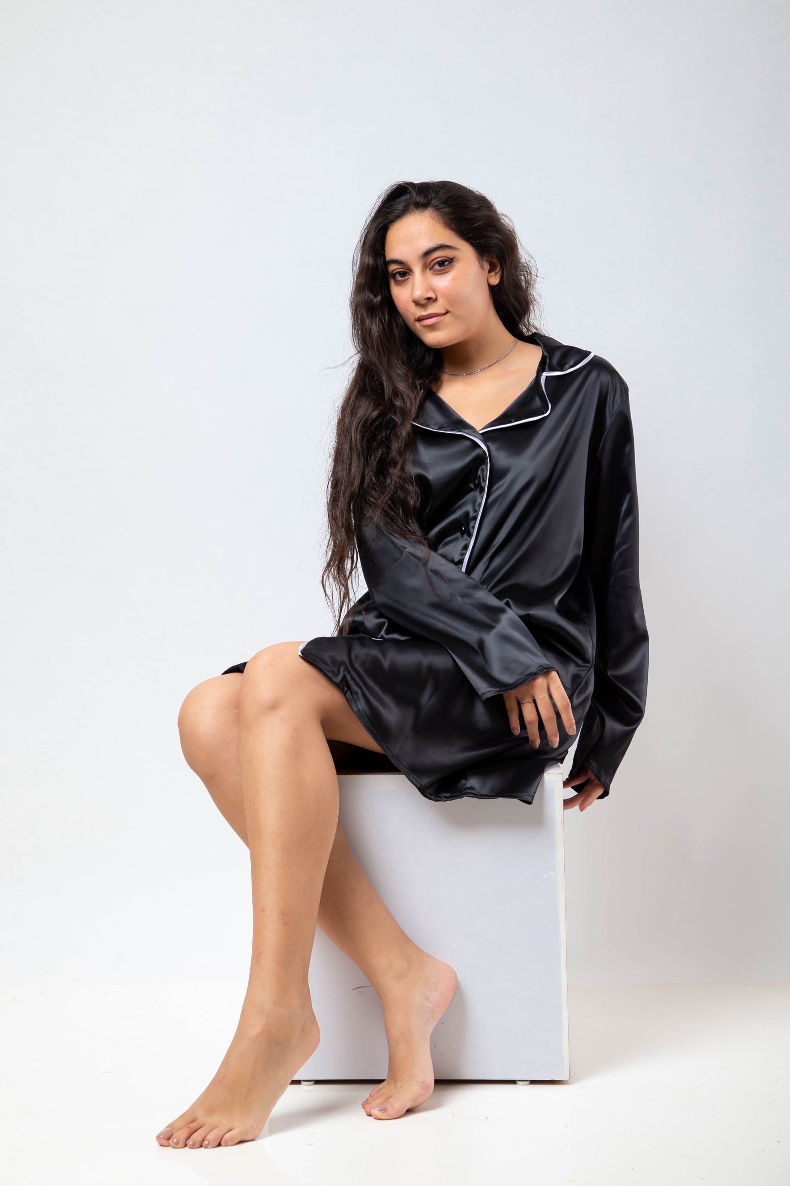 The Night Shirt Dress Satin - Black