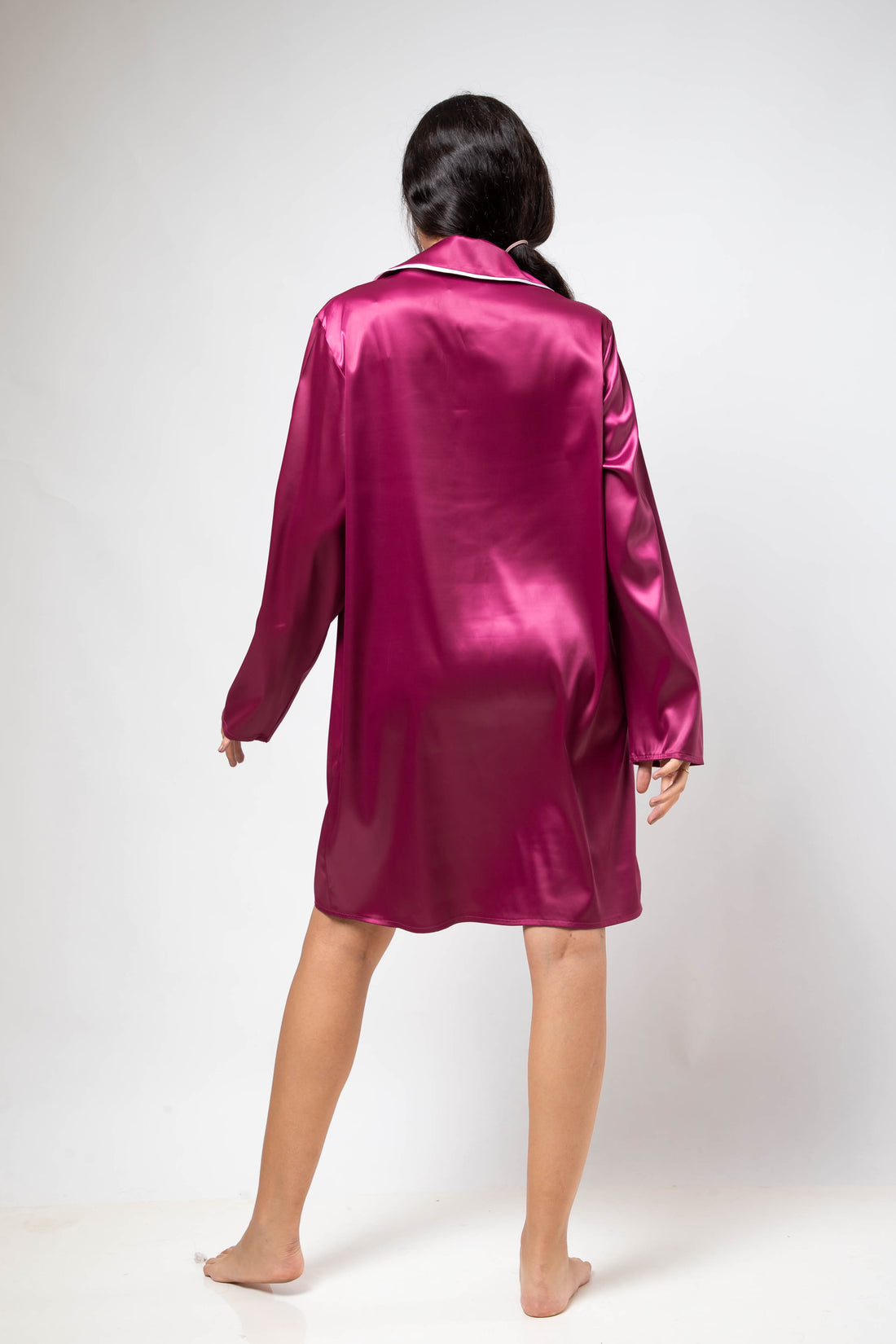 The Candy Shirt Dress Satin - Fuschia