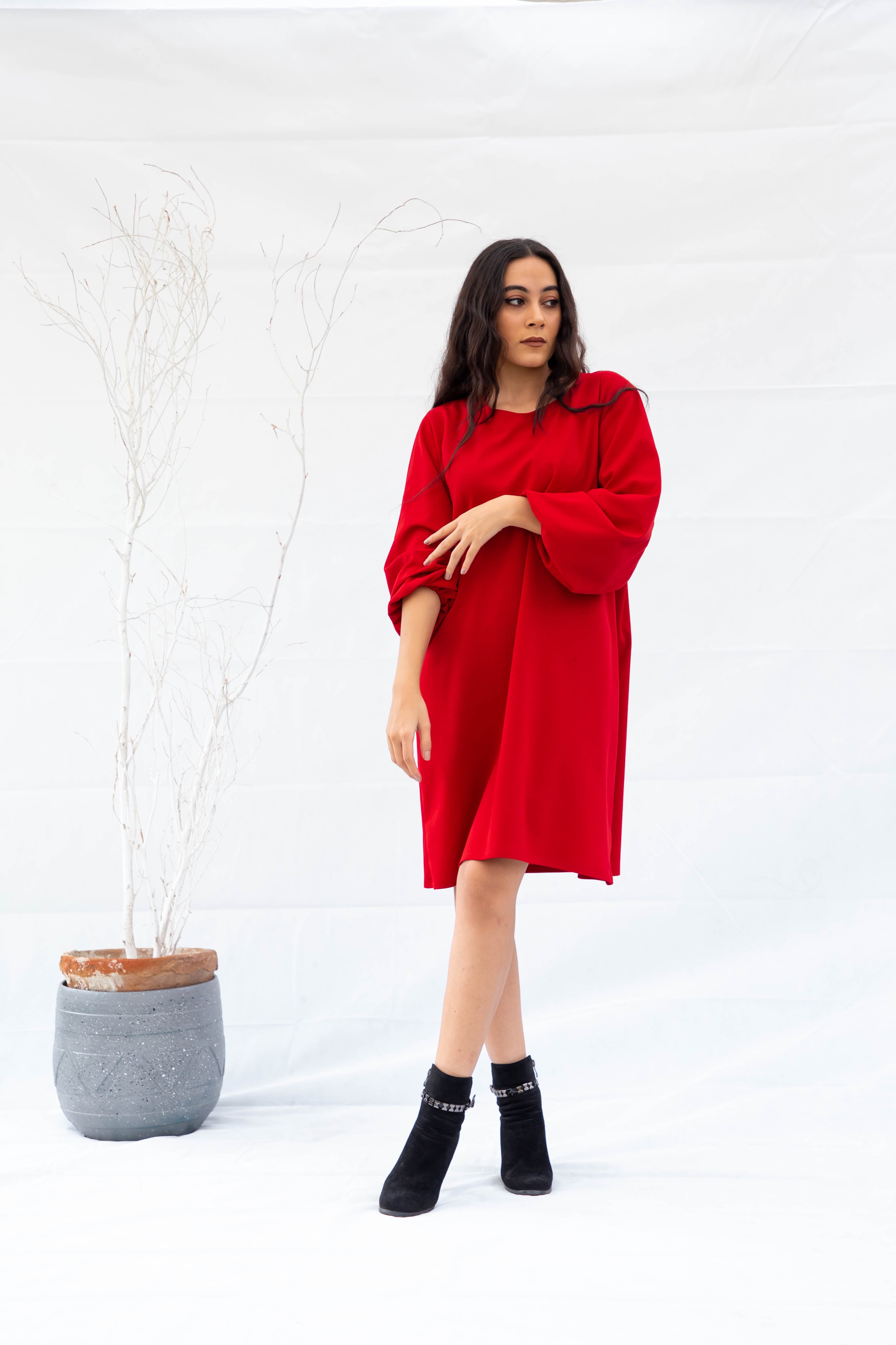 The Basic Puffy Sleeve Dress - Red