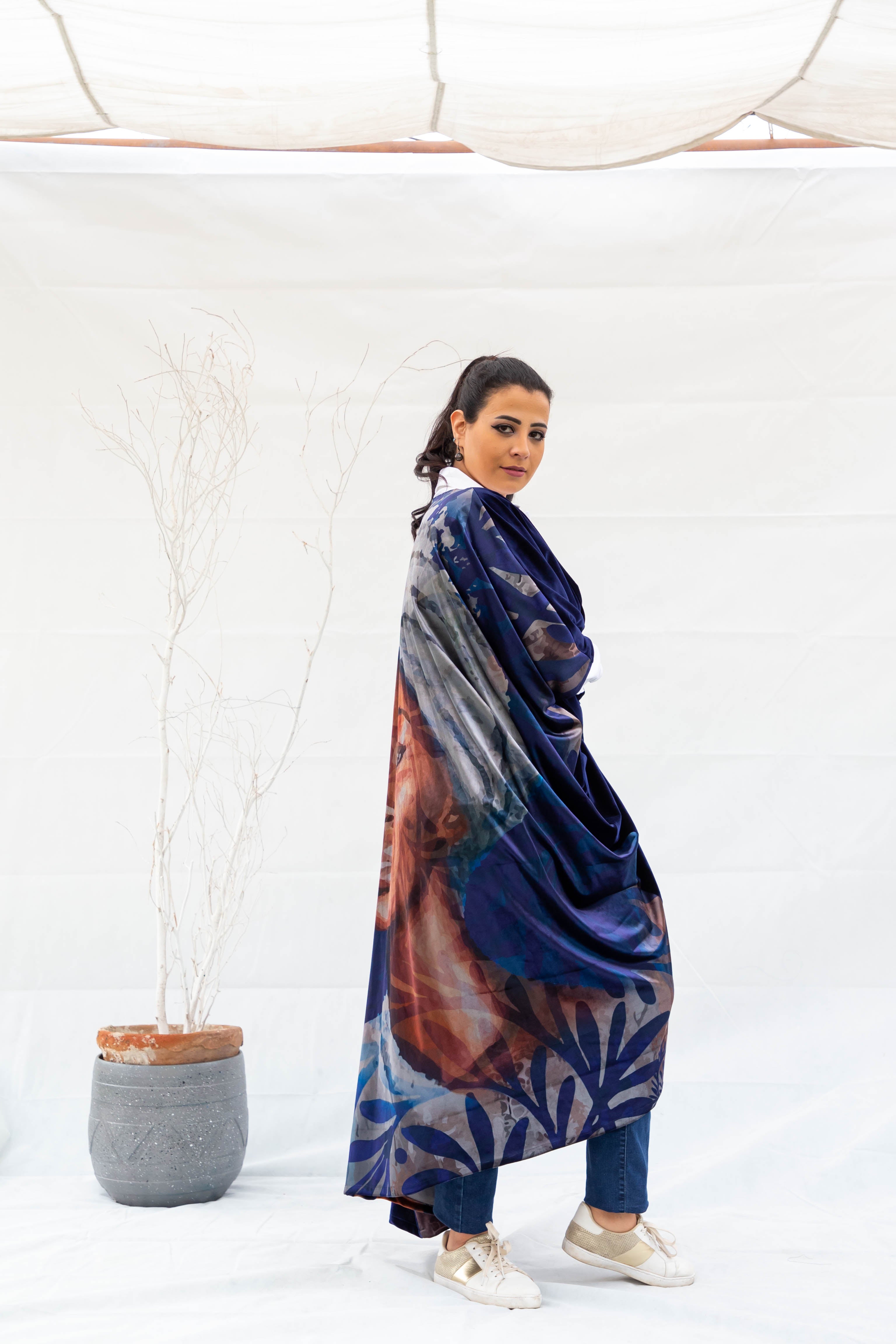 Girl In Turban Loose Kimono - Navy Blue