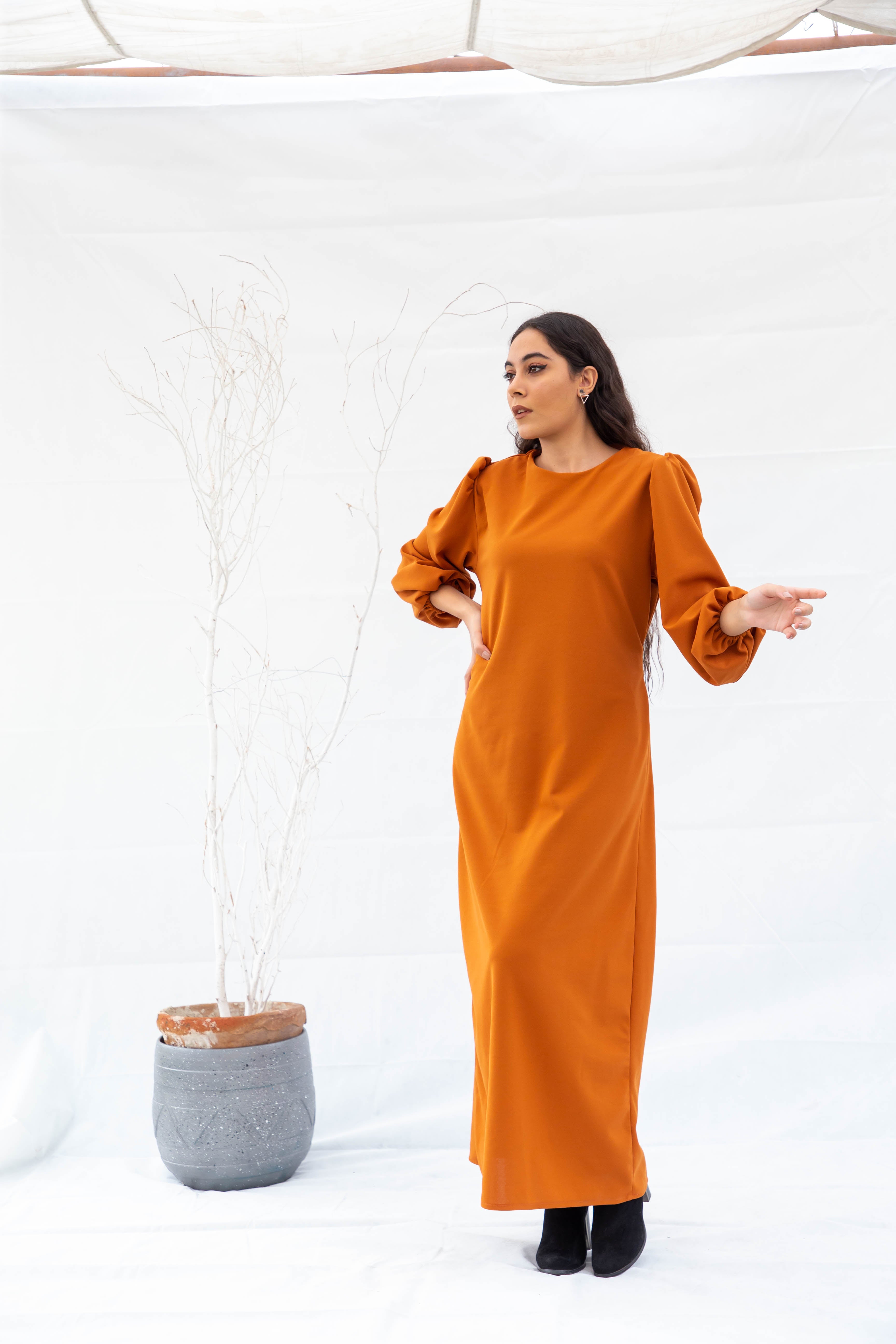 Long Box Pleated Dress - Orange