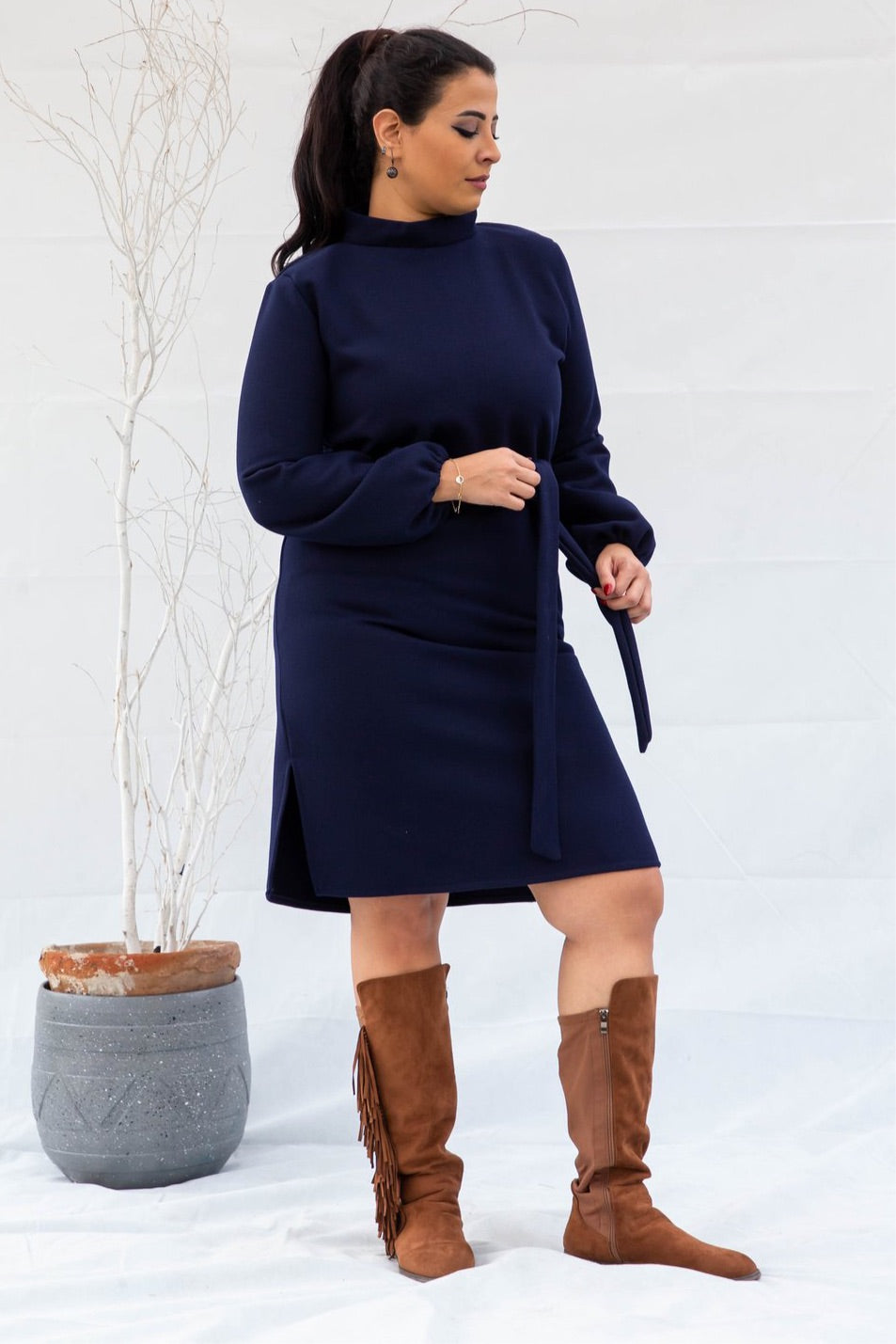 Midi Wool Dress With Side Belt - Navy Blue