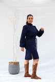 Midi Wool Dress With Side Belt - Navy Blue