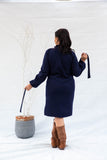 Midi Wool Dress With Side Belt - Navy Blue