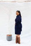 Midi Wool Dress With Side Belt - Navy Blue