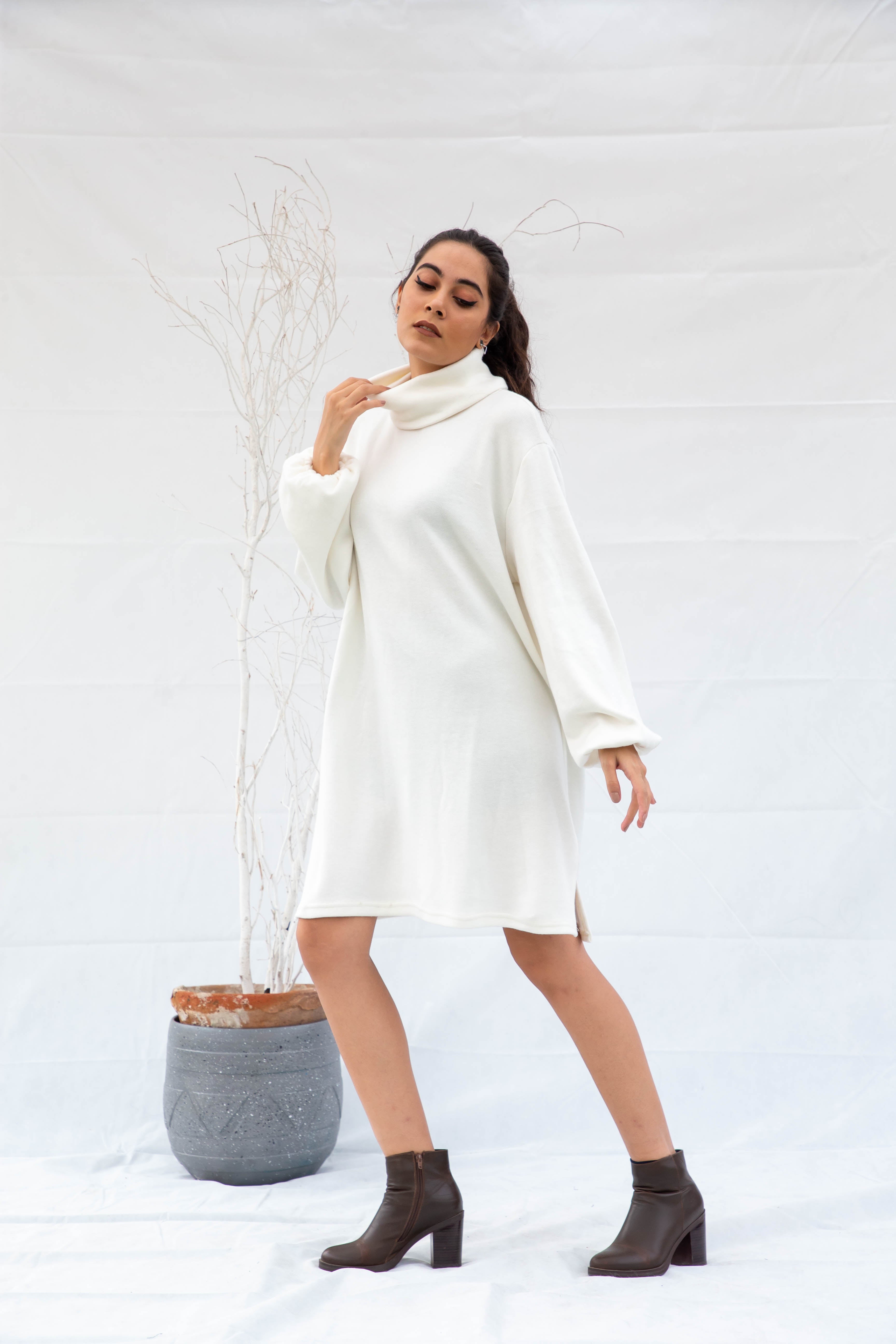 Midi Turtle Neck Soft Wool Dress - White