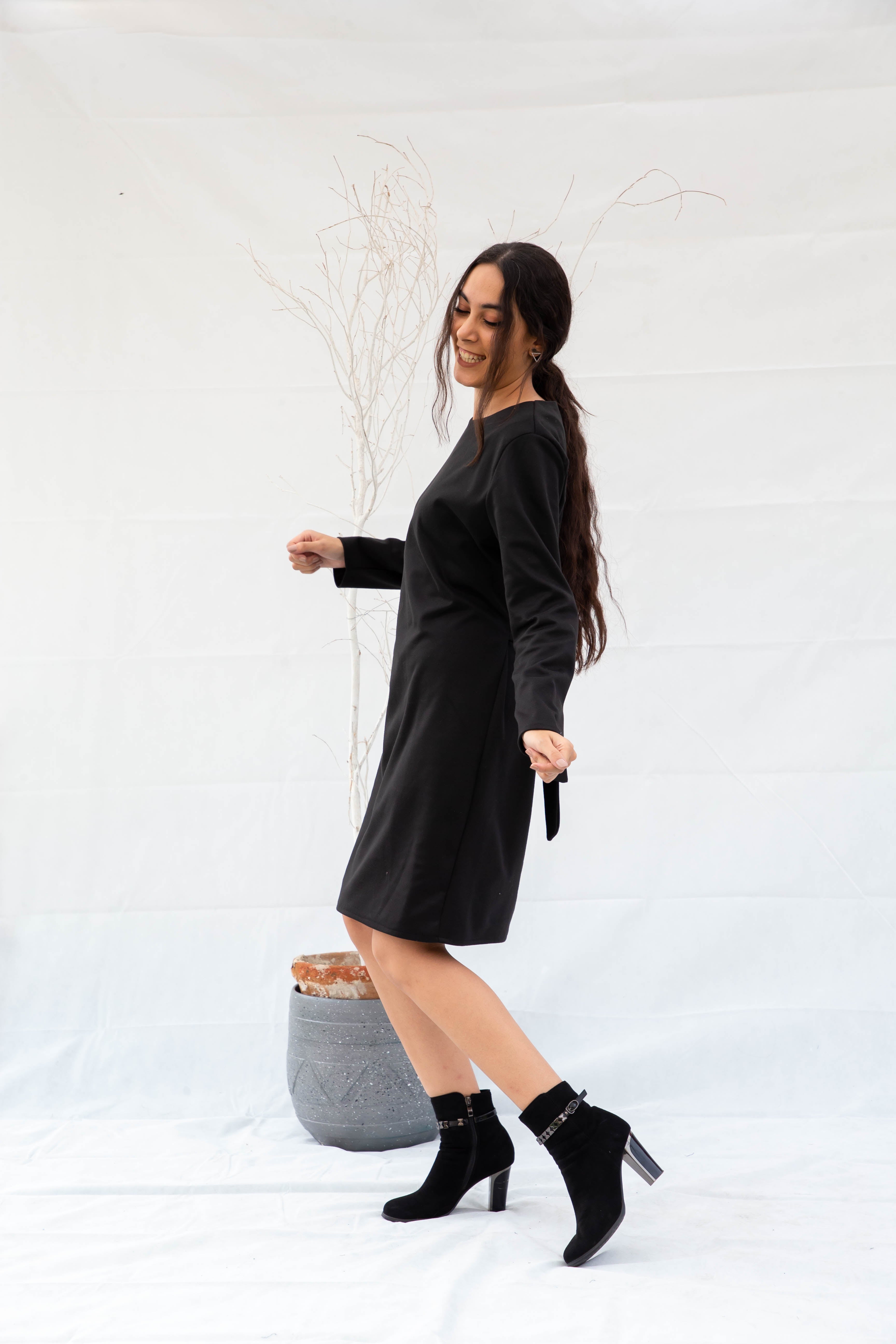 Midi Wool Dress With Side Belt - Black