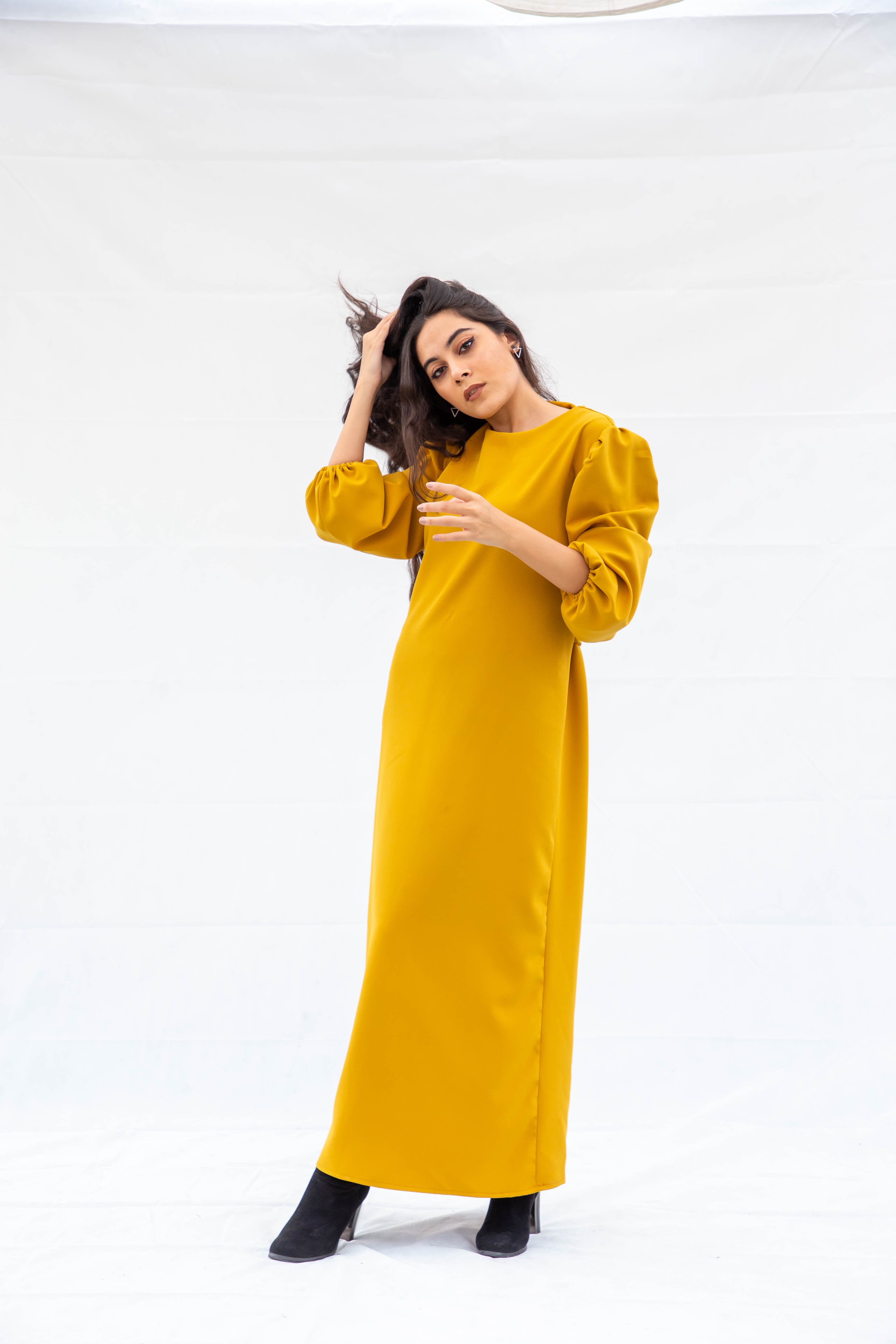 Long Box Pleated Dress - Mustard