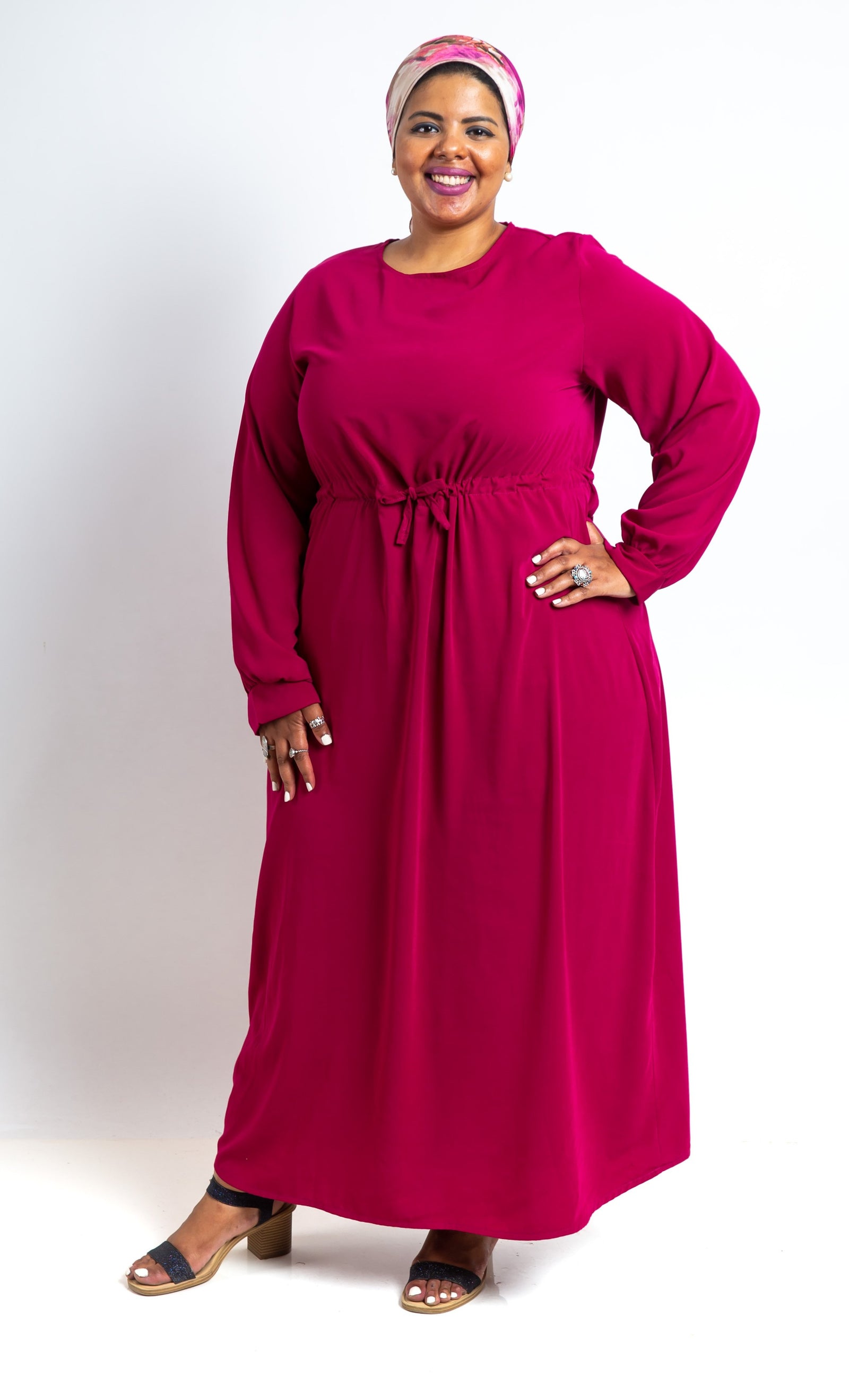 The Nermeen Dress with Elastic belt- Fuchsia