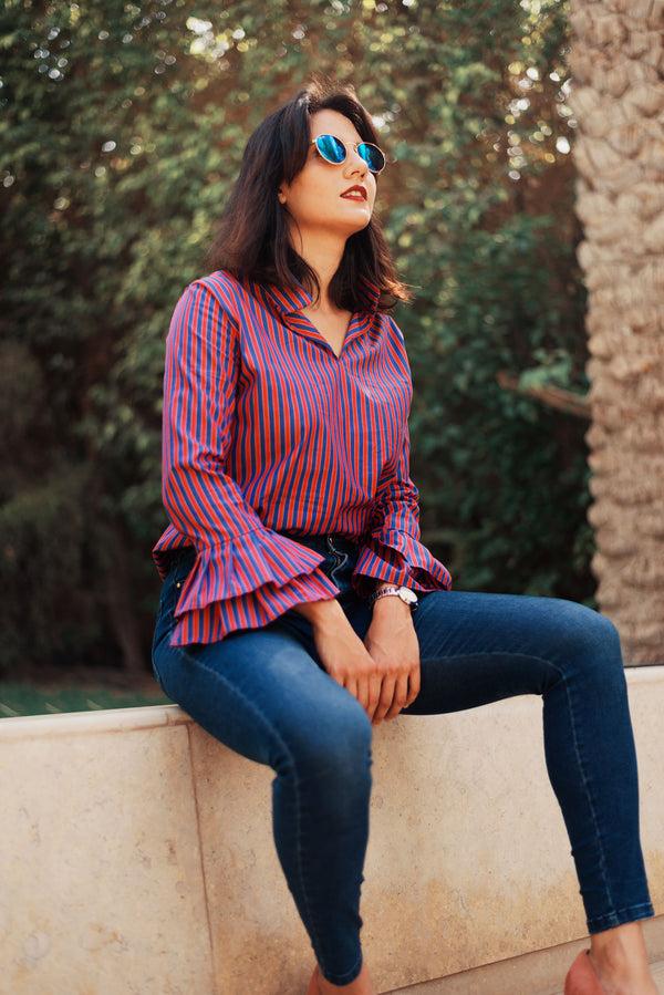 The Ruffled Sleeve Blouse - Blue
