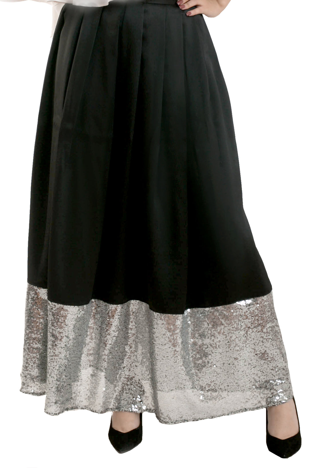 Long Sequin Trim Skirt - Black