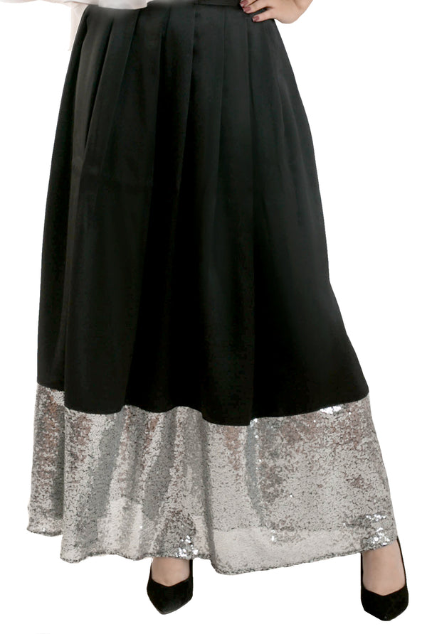 Long Sequin Trim Skirt - Black