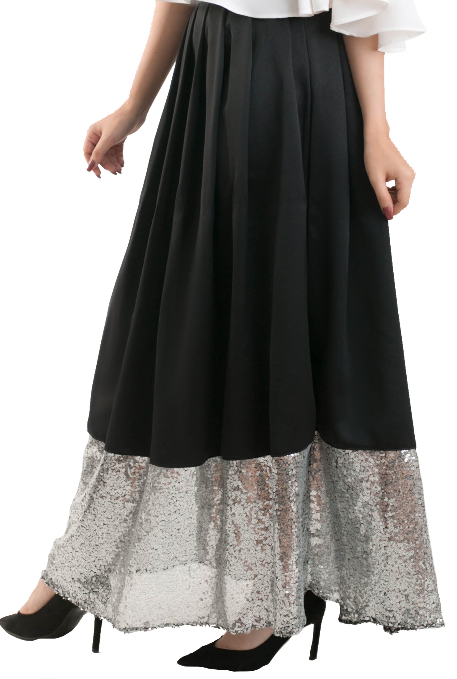 Long Sequin Trim Skirt - Black
