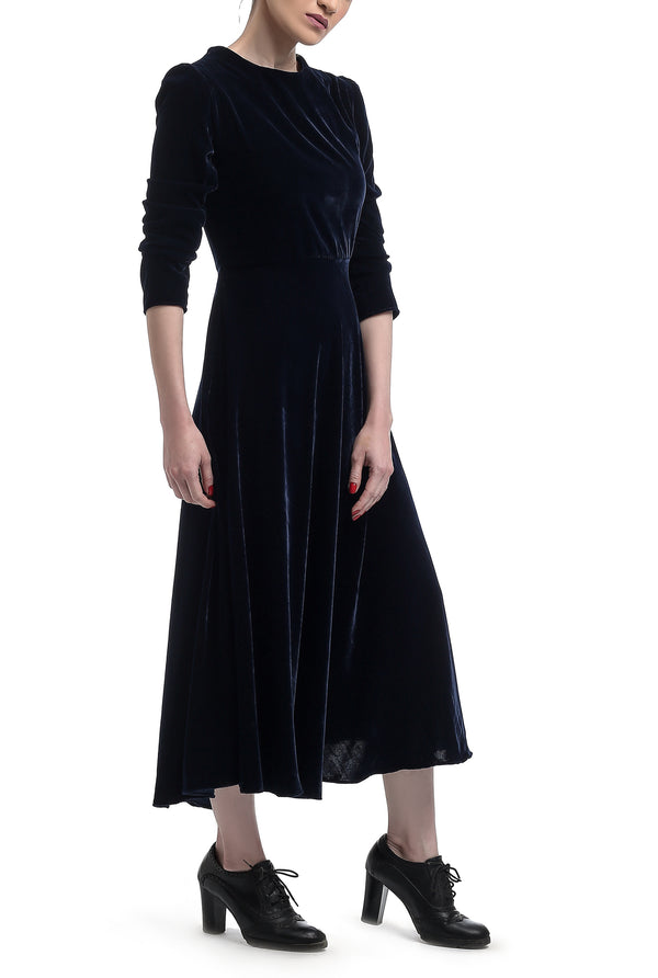 Mid Calf Velvet Dress - Deep Blue