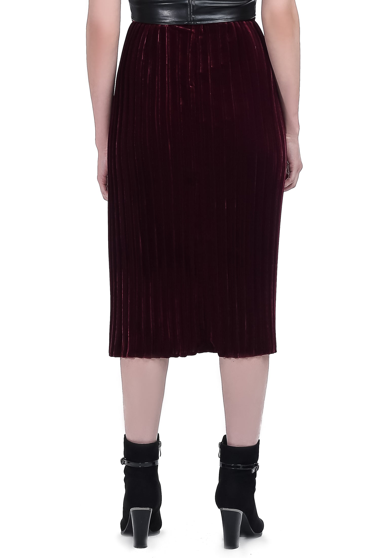 Mid Calf Velvet Pleated Skirt - Maroon