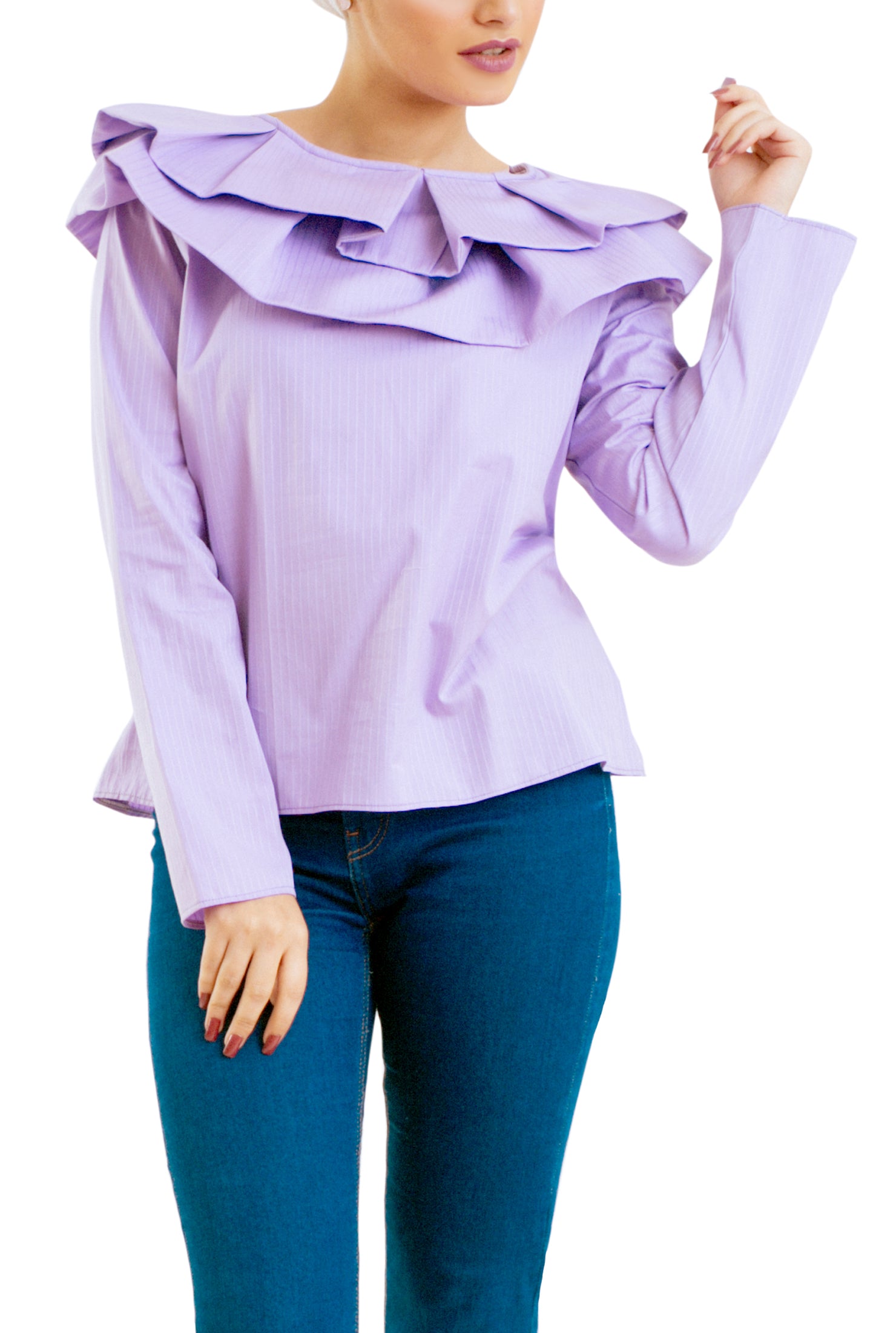 Ruffled Round Neckline Blouse - Purple