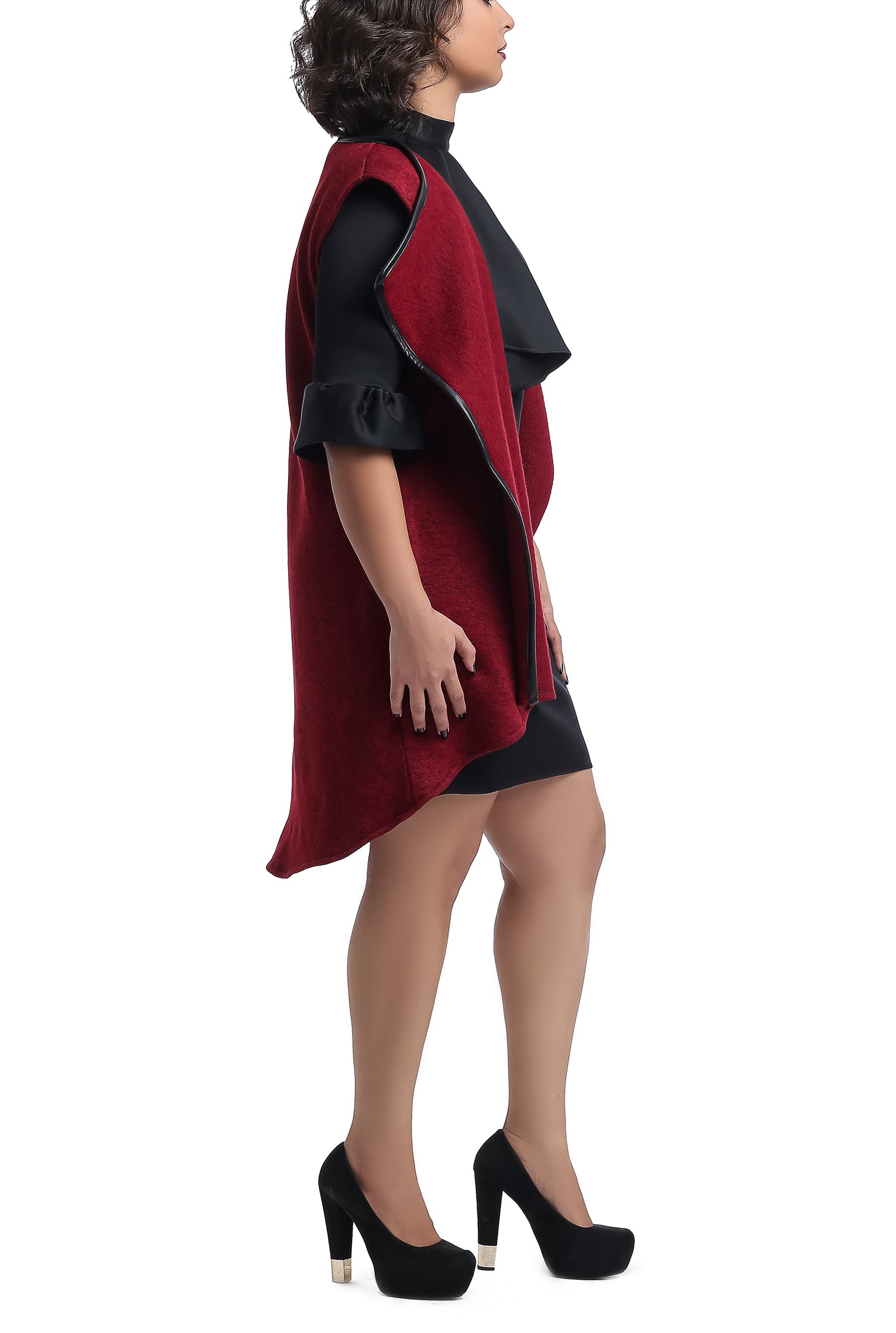 Sleeveless Wool Draped Vest - Maroon
