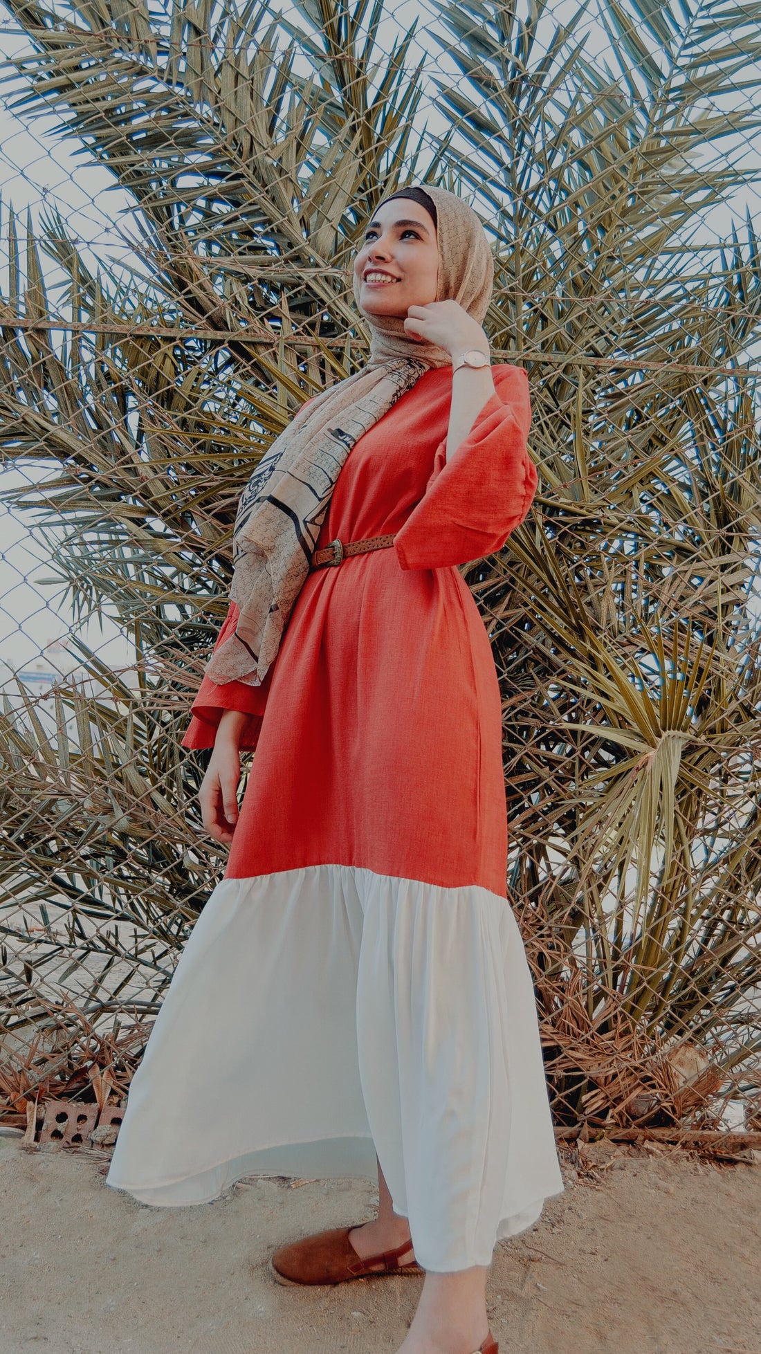 Orange And White Linen Dress