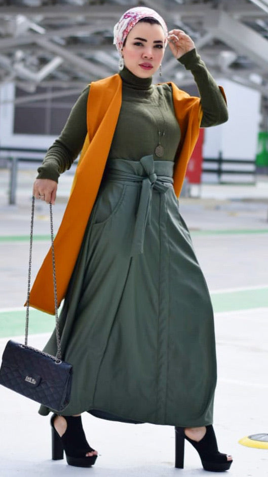 Leather Skirt with Bow -Army Green