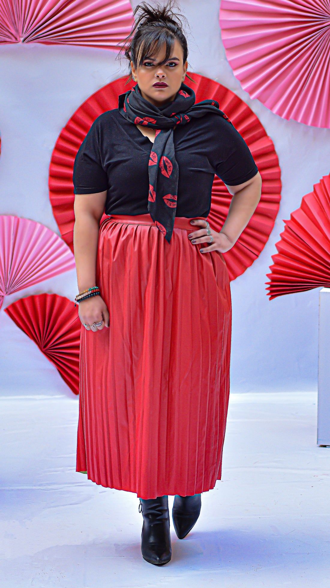 Leather Pleats Skirt - Red
