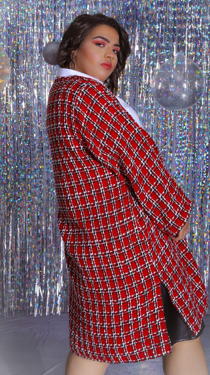 Plaid Tweed Kimono-Red