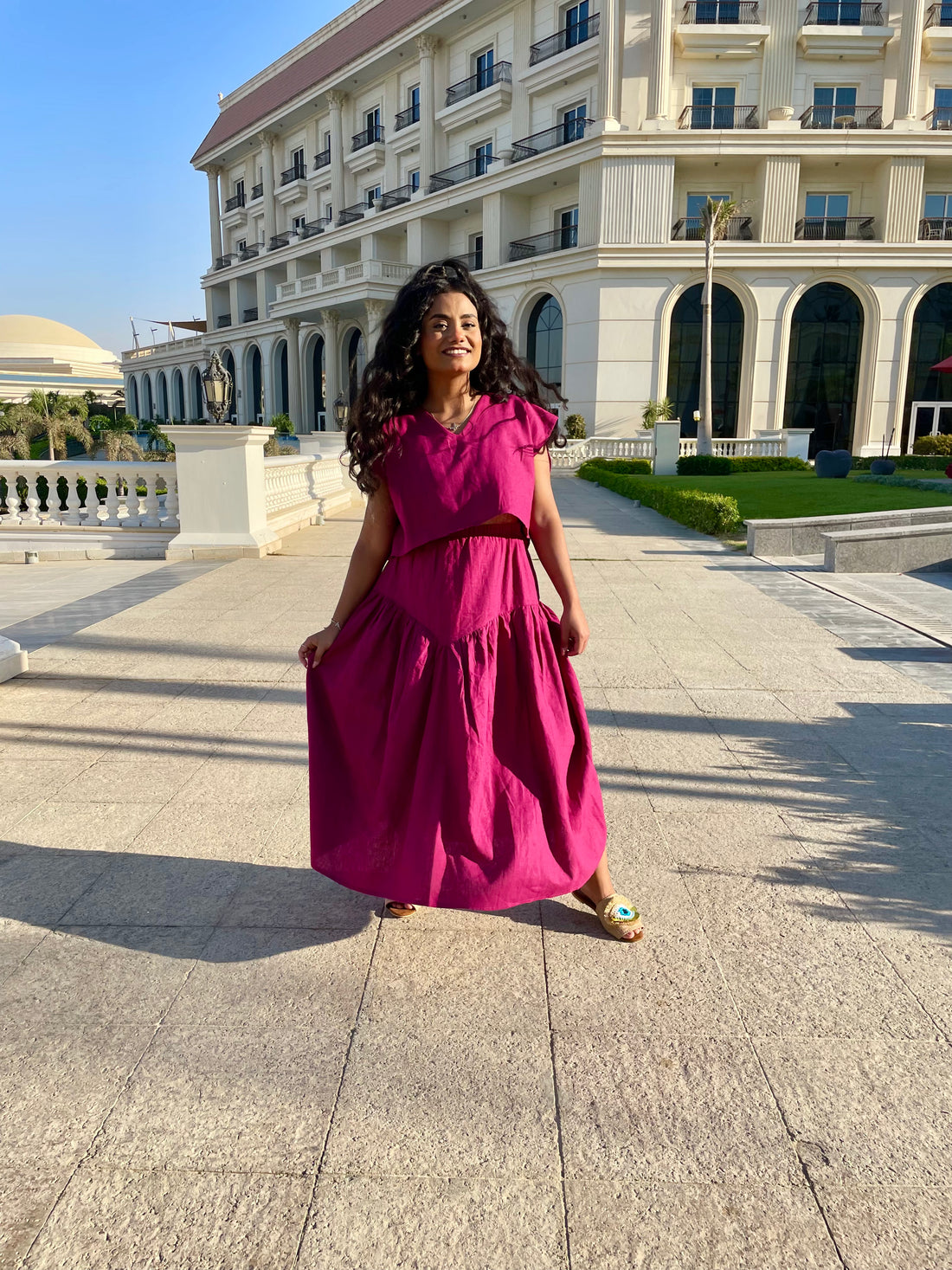 2 piece linen long Dress -  Magenta