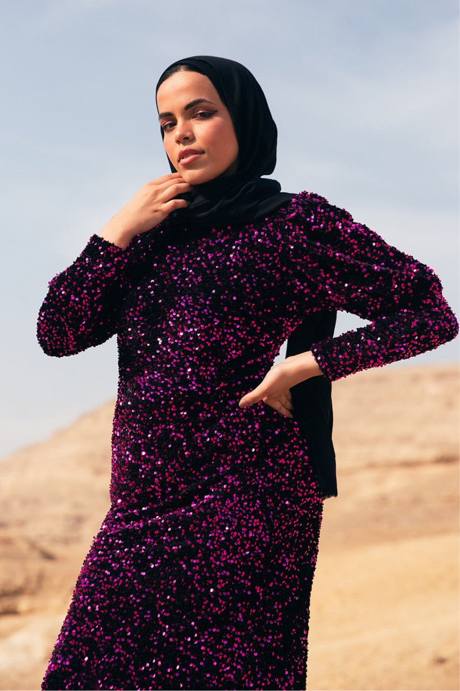 Velvet Sequin Puff Sleeve Dress - Fuchsia
