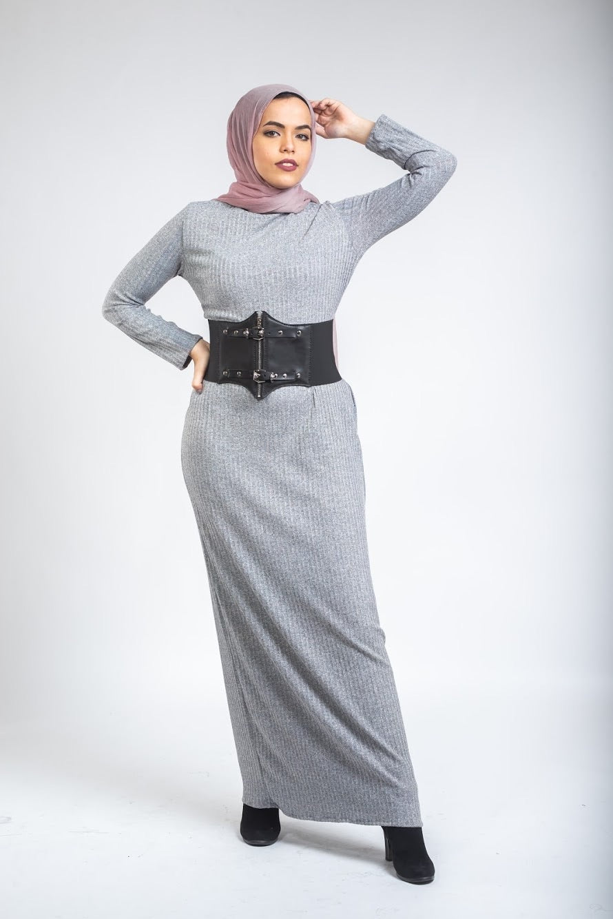 Turtle Neck Wool Dress- Grey