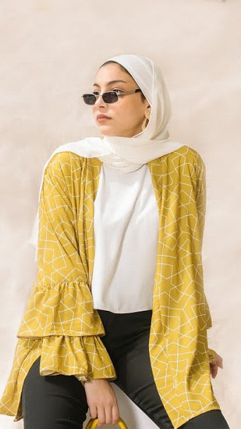 The Open Front Ruffled Kimono - Mustard