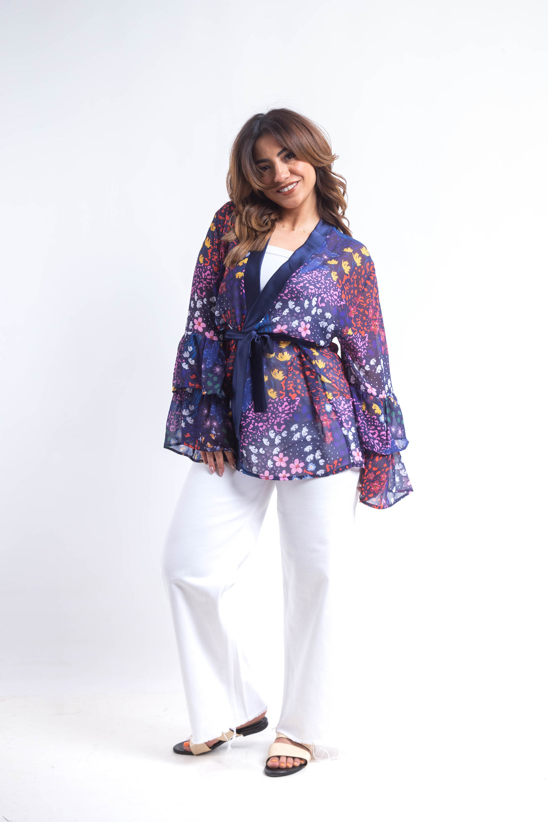 Floral Ruffled chiffon Kimono - Navy Blue