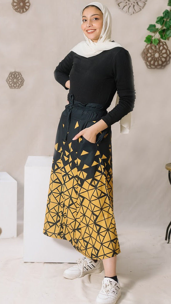 Geometric Skirt With Bow -Mustard