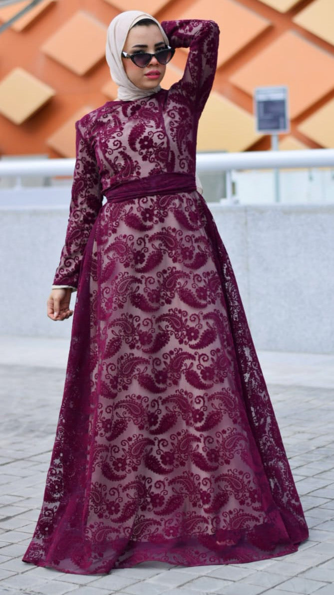 Embroidered Tulle Dress -Maroon