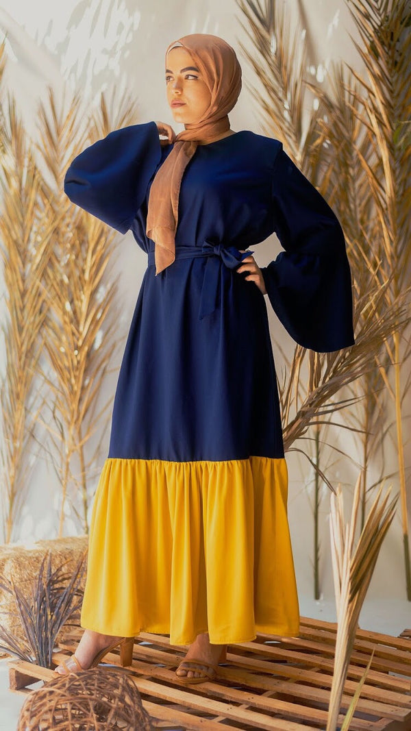 Navy and Mustard Linen Dress