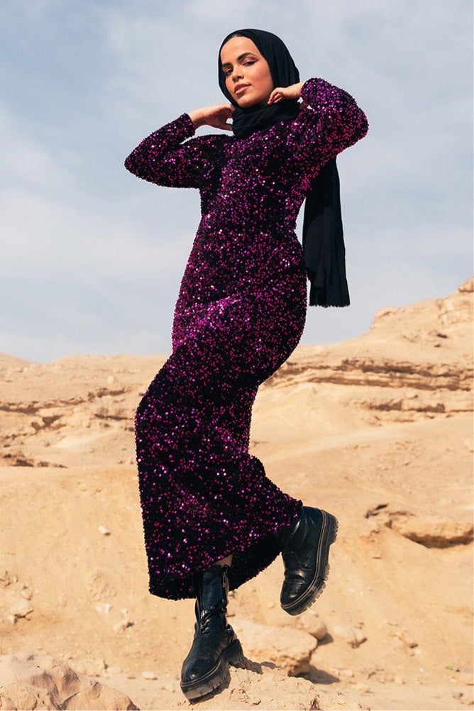 Velvet Sequin Puff Sleeve Dress - Fuchsia