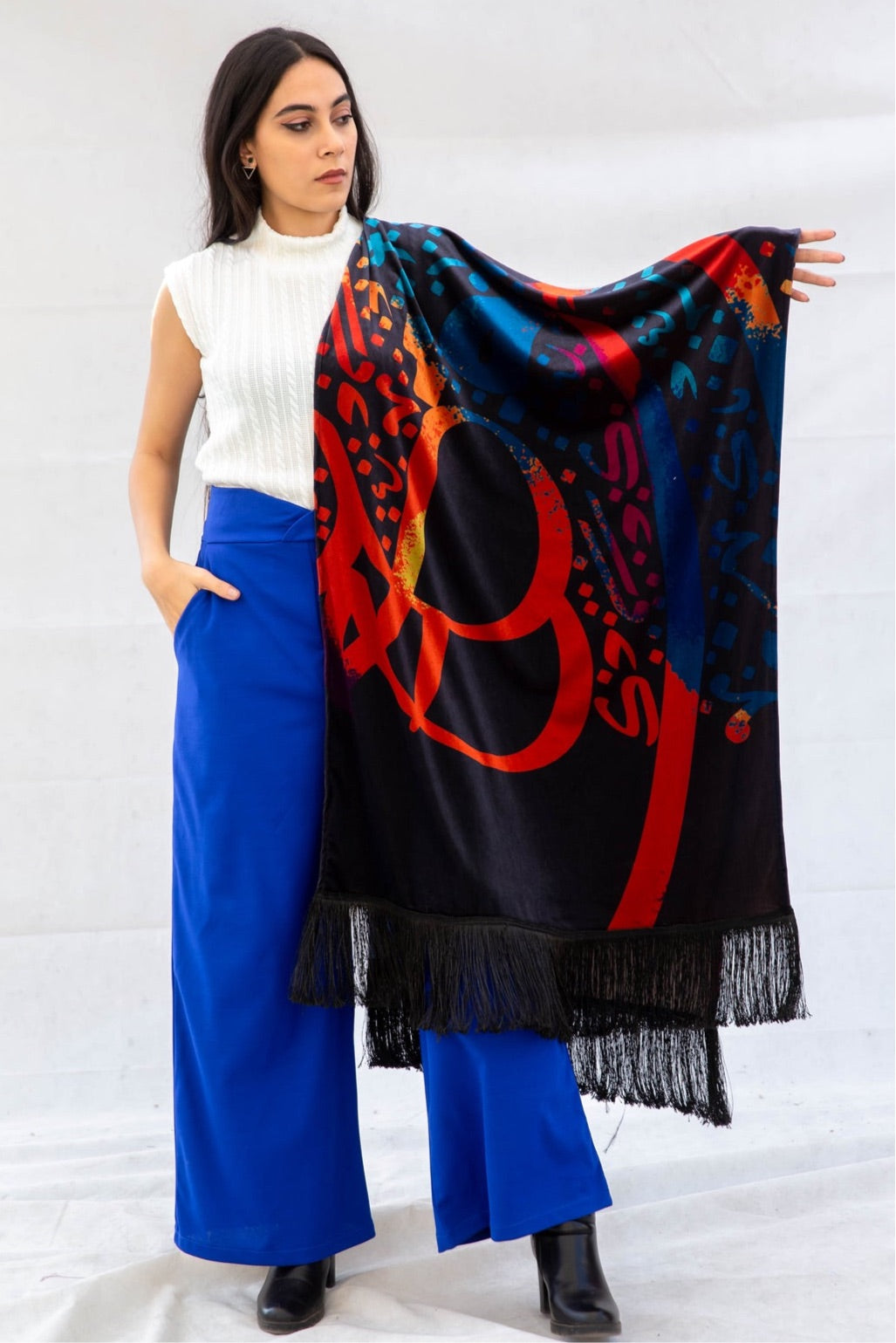 Artwork Velvet Shawl with fringes  - Black