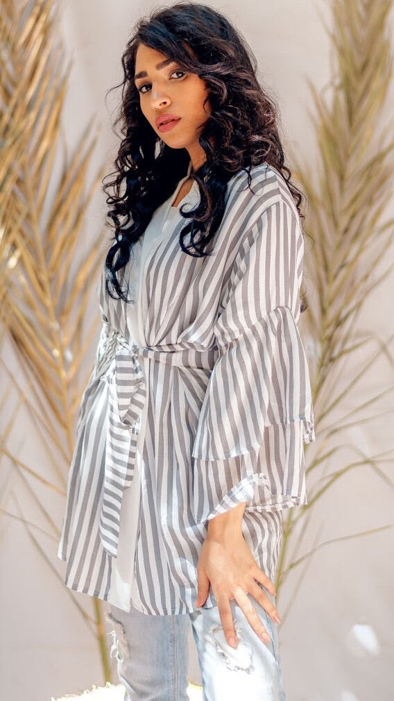Striped Ruffled Kimono - Grey