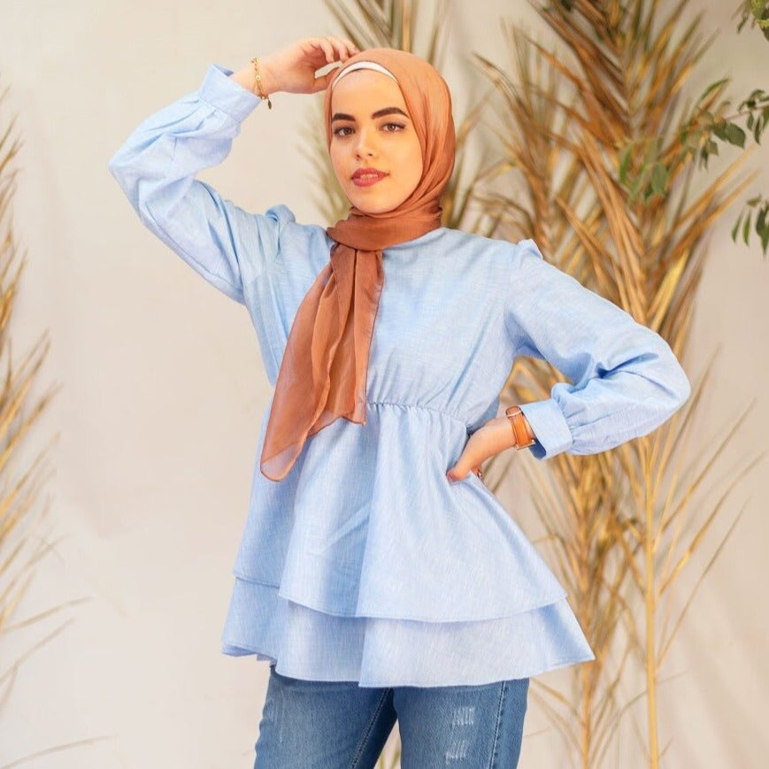 Double Layered Ruffle Blouse- Baby Blue