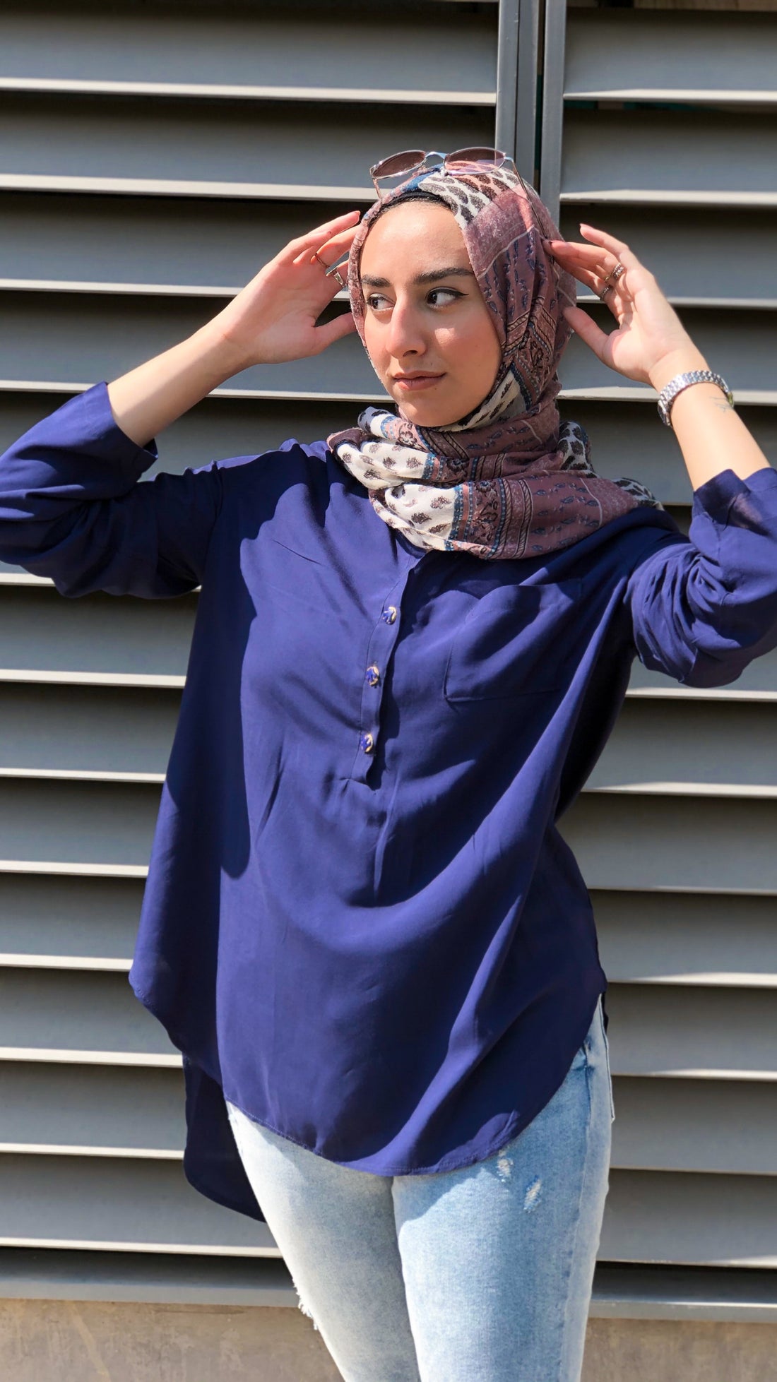 Half Collar Blouse - Navy Blue