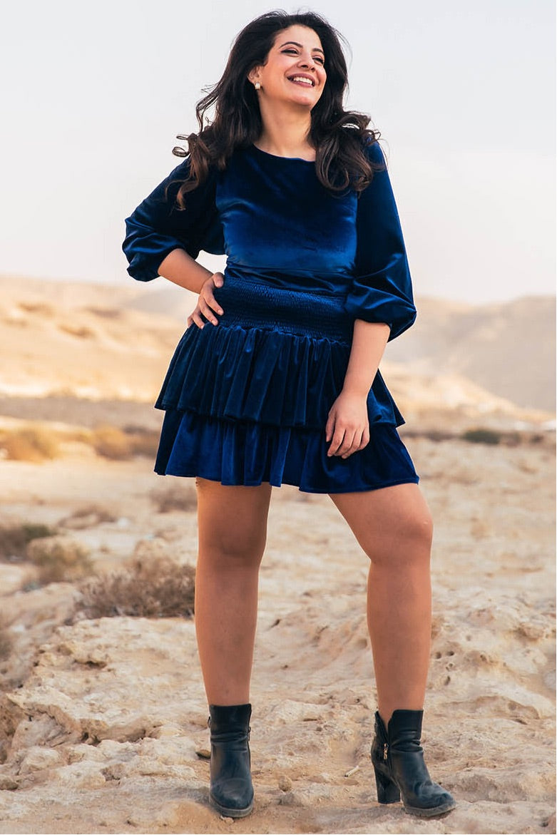 Disco 2 piece Velvet ruffled Dress - Navy Blue