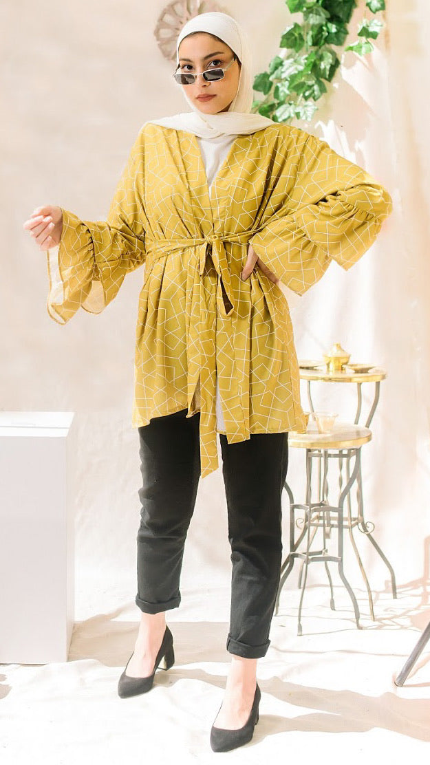 The Open Front Ruffled Kimono - Mustard